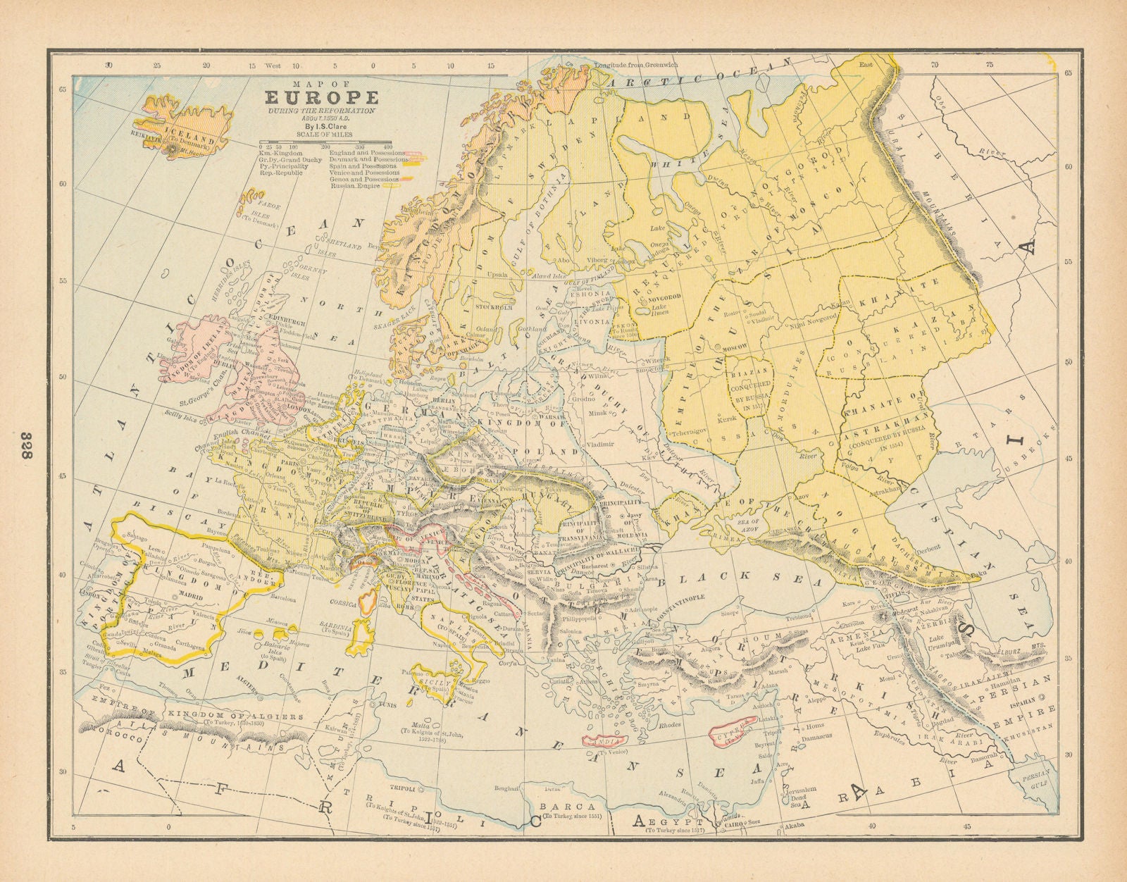 Map of Europe, during the Reformation, about 1550 AD. CLARE 1894 old